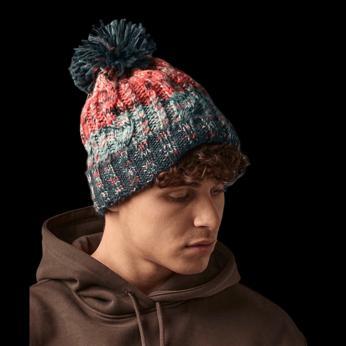 Corkscrew pom pom beanie