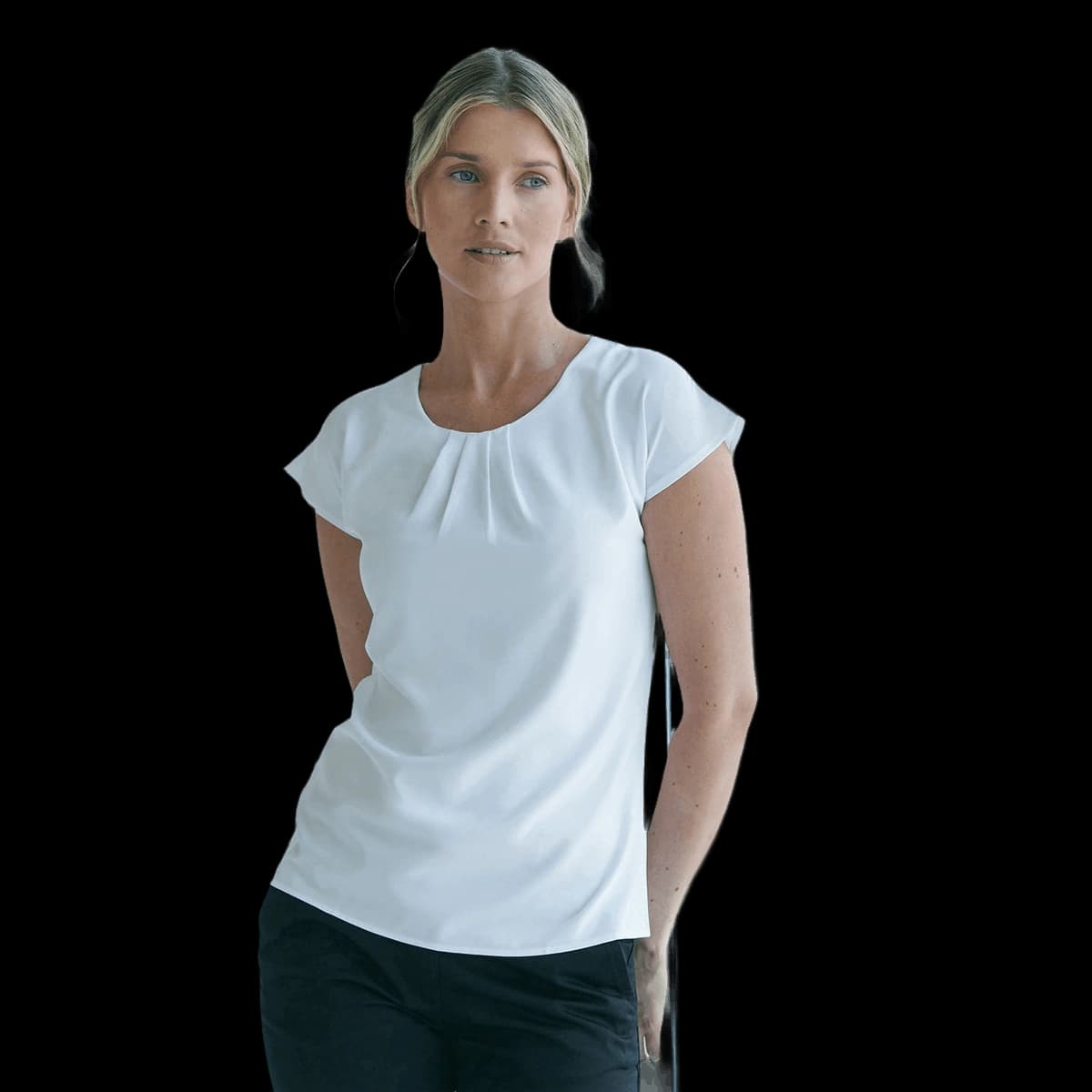 Women's pleat front short sleeve blouse